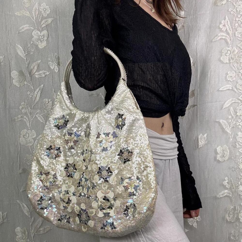 Y2K ANTEPRIMA Metallic Silver Wirebag - Made in Italy Sequin Floral Tote